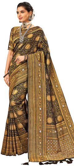 Black and Grey color Saree in Brocade fabric with Stone, Weaving work