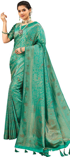 Blue color Saree in Brocade fabric with Stone, Weaving work