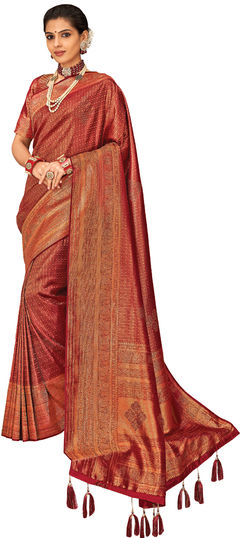 Red and Maroon color Saree in Brocade fabric with Stone, Weaving work