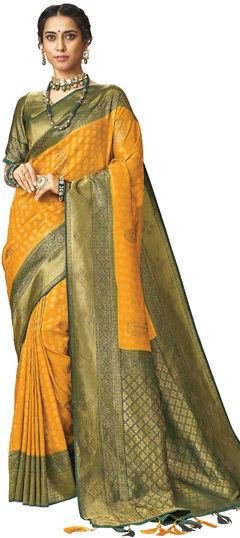 Traditional, Wedding Green, Yellow color Saree in Brocade fabric with South Stone, Weaving work : 1826806