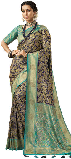 Blue color Saree in Brocade fabric with Stone, Weaving work