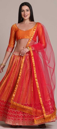 Orange color Lehenga in Blended fabric with Weaving work