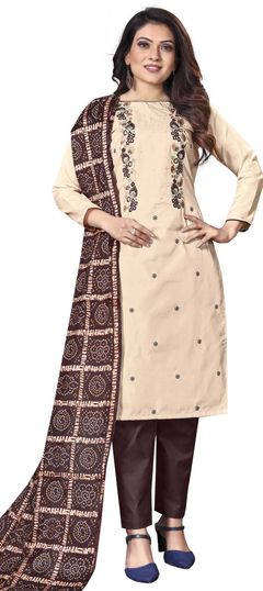 Beige and Brown color Salwar Kameez in Chiffon fabric with Embroidered, Resham, Thread work