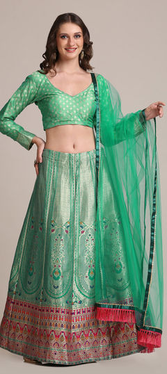 Green color Lehenga in Jacquard fabric with Weaving work