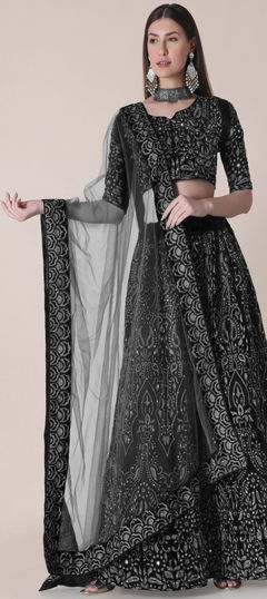 Black and Grey color Lehenga in Taffeta Silk fabric with Embroidered, Mirror, Resham, Stone, Thread work