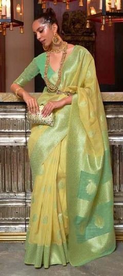 Bollywood, Casual, Traditional Green, Yellow color Saree in Linen fabric with Bengali Weaving work : 1827099