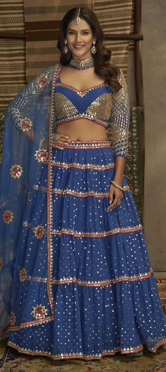 Mehendi Sangeet, Reception Blue color Lehenga in Georgette fabric with A Line Mirror, Sequence, Thread work : 1827233