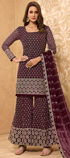 Purple and Violet color Salwar Kameez in Georgette fabric with Embroidered, Lace, Thread work