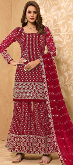 Pink and Majenta color Salwar Kameez in Georgette fabric with Embroidered, Lace, Thread work