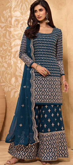 Blue color Salwar Kameez in Georgette fabric with Embroidered, Lace, Thread work