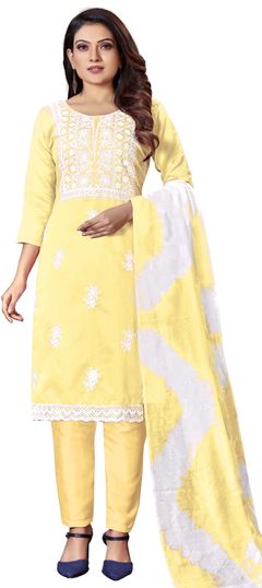 Yellow color Salwar Kameez in Cotton fabric with Embroidered, Thread work