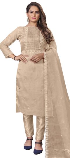 Beige and Brown color Salwar Kameez in Organza Silk fabric with Embroidered, Sequence, Thread work