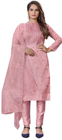 Pink and Majenta color Salwar Kameez in Organza Silk fabric with Embroidered, Sequence, Thread work