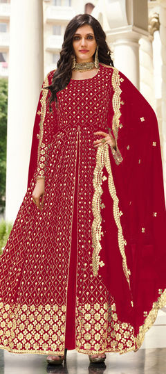 Red and Maroon color Salwar Kameez in Georgette fabric with Embroidered, Sequence, Thread work