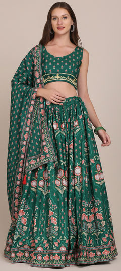 Green color Lehenga in Crepe Silk fabric with Floral, Printed work