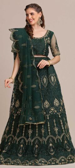 Green color Lehenga in Net fabric with Bugle Beads, Embroidered, Resham, Zari work
