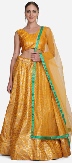 Mehendi Sangeet, Reception Yellow color Lehenga in Jacquard fabric with A Line Weaving work : 1828104