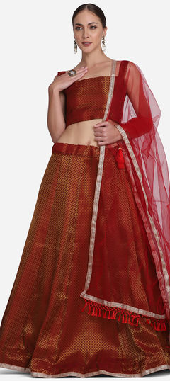 Mehendi Sangeet, Reception Red and Maroon color Lehenga in Jacquard fabric with A Line Weaving, Zari work : 1828107