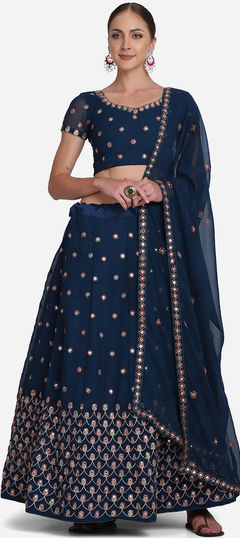 Mehendi Sangeet, Reception Blue color Lehenga in Georgette fabric with A Line Embroidered, Mirror work : 1828118