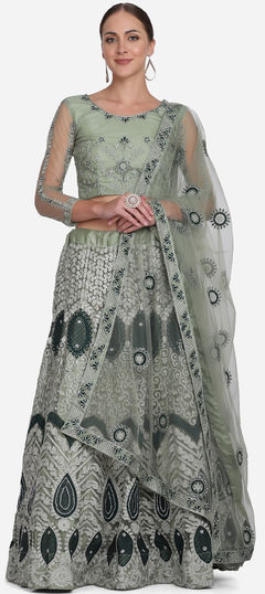 Mehendi Sangeet, Reception Green color Lehenga in Net fabric with A Line Embroidered work : 1828122