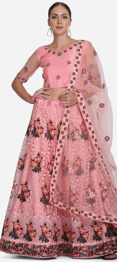 Mehendi Sangeet, Reception Pink and Majenta color Lehenga in Net fabric with A Line Embroidered work : 1828123