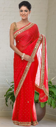 Red and Maroon color Saree in Georgette fabric with Mirror, Stone work