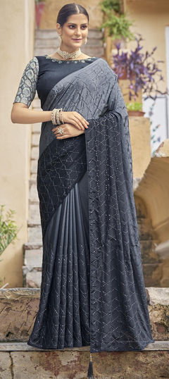 Black and Grey color Saree in Chiffon fabric with Embroidered, Sequence, Thread work