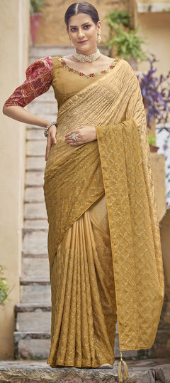 Beige and Brown color Saree in Chiffon fabric with Embroidered, Sequence, Thread work