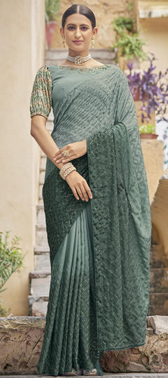 Green color Saree in Chiffon fabric with Embroidered, Sequence, Thread work