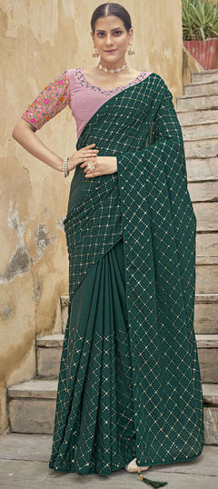 Green color Saree in Chiffon fabric with Embroidered, Sequence, Thread work