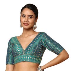 Blue color Blouse in Blended fabric with Embroidered work