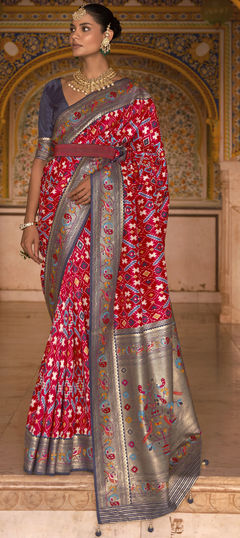 Red and Maroon color Saree in Art Silk, Silk fabric with Printed, Weaving work