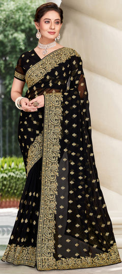 Black and Grey color Saree in Georgette fabric with Embroidered, Stone, Thread, Zari work