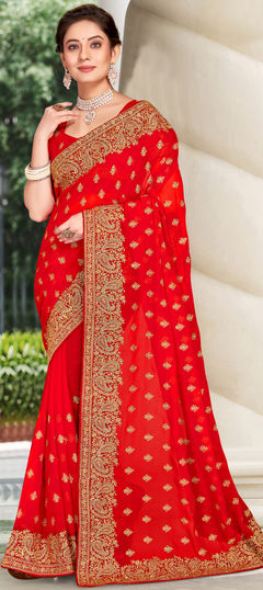 Red and Maroon color Saree in Georgette fabric with Embroidered, Stone, Thread, Zari work