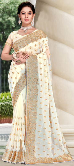 White and Off White color Saree in Georgette fabric with Embroidered, Stone, Thread, Zari work