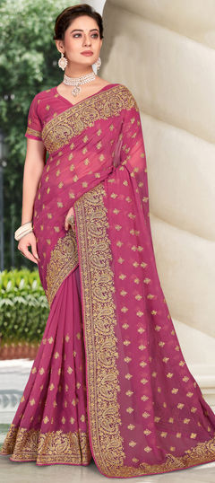 Festive, Party Wear, Reception Pink and Majenta color Saree in Georgette fabric with Classic Embroidered, Stone, Thread, Zari work : 1828402