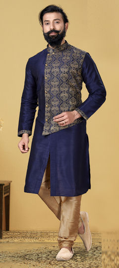 Blue color Kurta Pyjamas in Dupion Silk fabric with Embroidered, Thread work