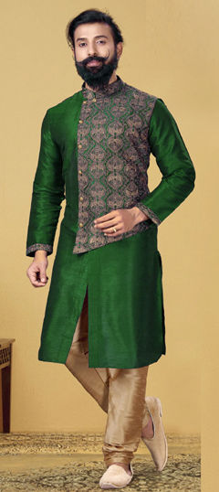 Green color Kurta Pyjamas in Dupion Silk fabric with Embroidered, Thread work