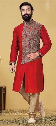 Red and Maroon color Kurta Pyjamas in Dupion Silk fabric with Embroidered, Thread work