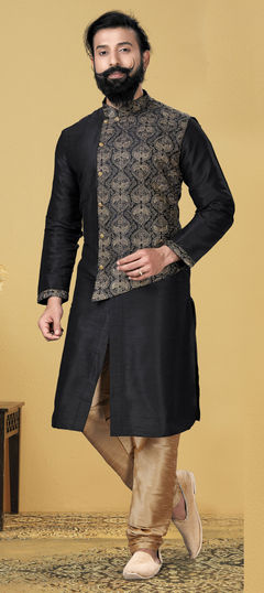 Black and Grey color Kurta Pyjamas in Dupion Silk fabric with Embroidered, Thread work