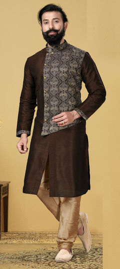 Beige and Brown color Kurta Pyjamas in Dupion Silk fabric with Embroidered, Thread work