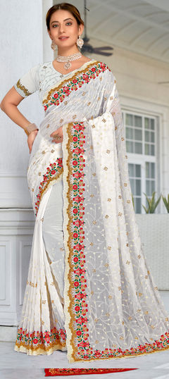 White and Off White color Saree in Georgette fabric with Embroidered, Resham, Stone, Thread, Zari work