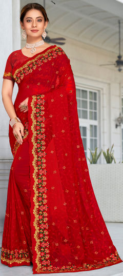 Red and Maroon color Saree in Georgette fabric with Embroidered, Resham, Stone, Thread, Zari work