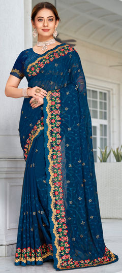 Blue color Saree in Georgette fabric with Embroidered, Resham, Stone, Thread, Zari work