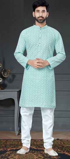 Blue color Kurta Pyjamas in Art Silk fabric with Embroidered, Thread work