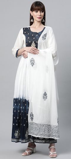 Casual Blue, White and Off White color Gown in Cotton fabric with Anarkali Embroidered, Mirror, Printed, Thread work : 1828538