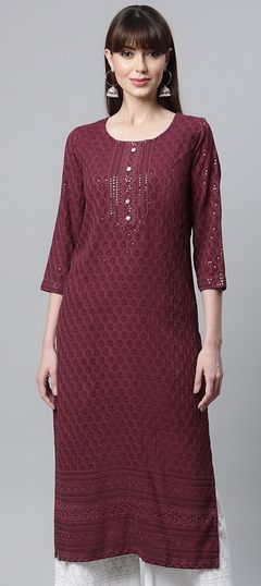 Casual Red and Maroon color Kurti in Rayon fabric with Straight Sequence, Thread work : 1828558