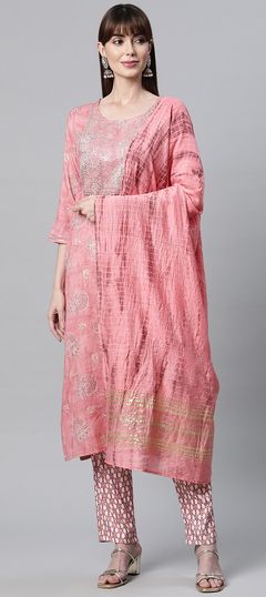 Pink and Majenta color Salwar Kameez in Rayon fabric with Embroidered, Printed, Sequence, Zari work