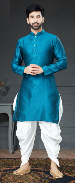 Blue color Dhoti Kurta in Art Silk fabric with Embroidered, Thread work