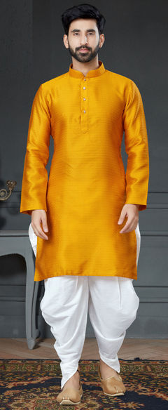 Yellow color Dhoti Kurta in Art Silk fabric with Embroidered, Thread work